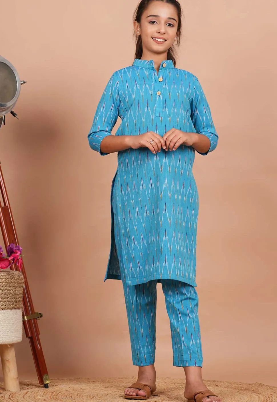 Ikat Printed Cotton Kurta Set in Sky Blue
