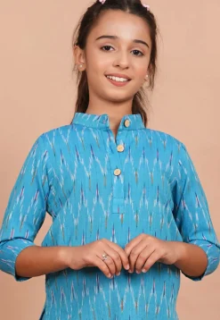 Ikat Printed Cotton Kurta Set in Sky Blue