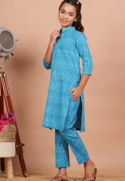 Ikat Printed Cotton Kurta Set in Sky Blue