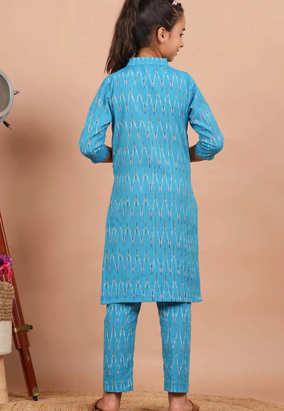 Ikat Printed Cotton Kurta Set in Sky Blue