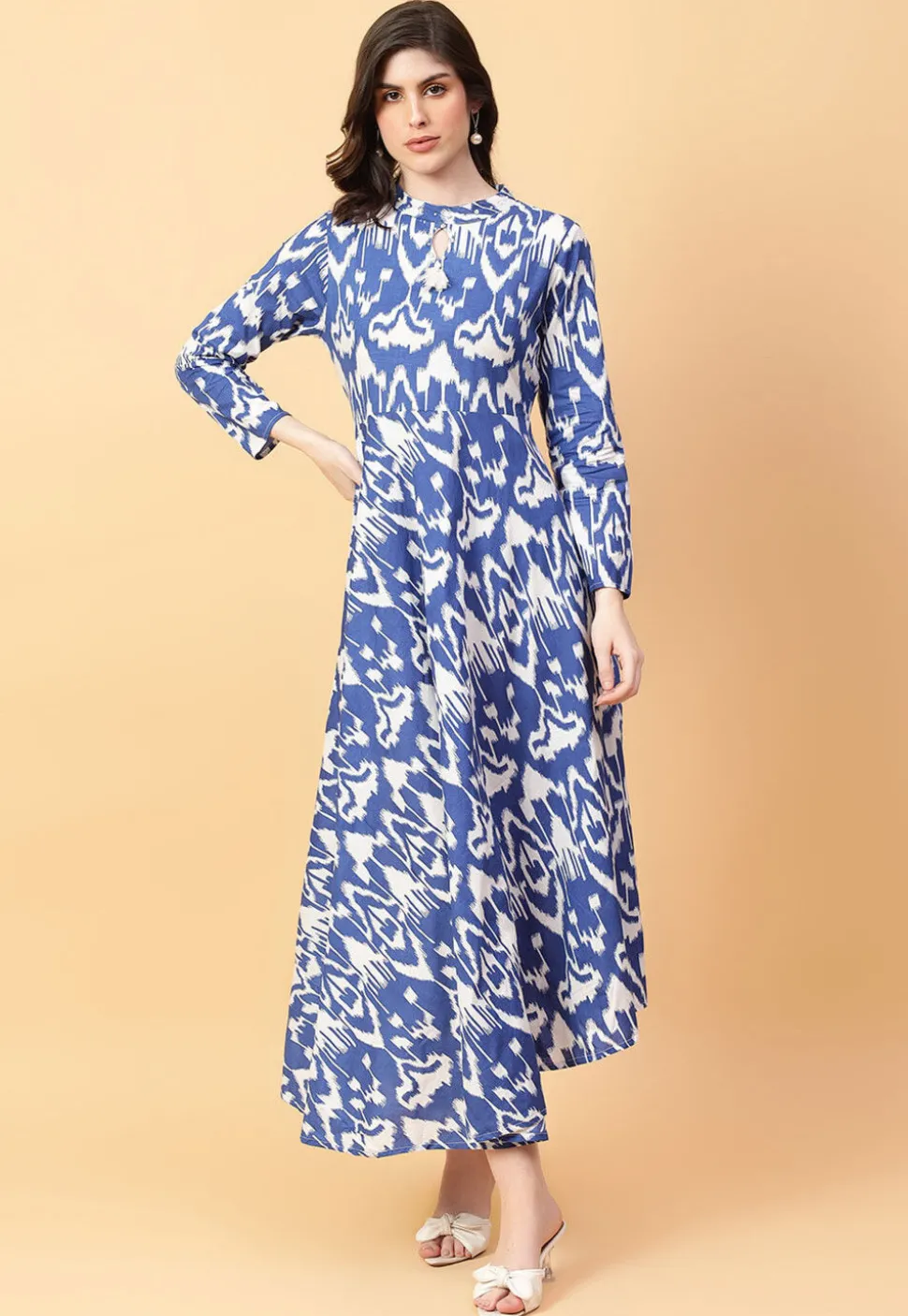 Ikat Printed Cotton Maxi Dress in Off White and Blue