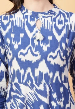 Ikat Printed Cotton Maxi Dress in Off White and Blue