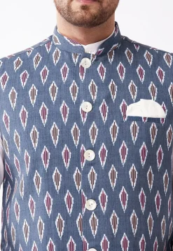 Ikat Printed Cotton Nehru Jacket in Navy Blue