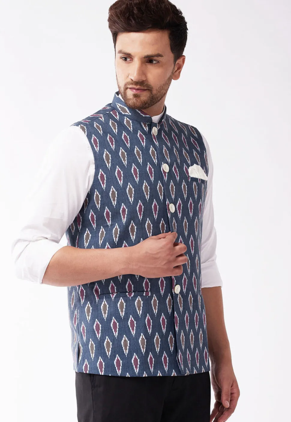 Ikat Printed Cotton Nehru Jacket in Navy Blue