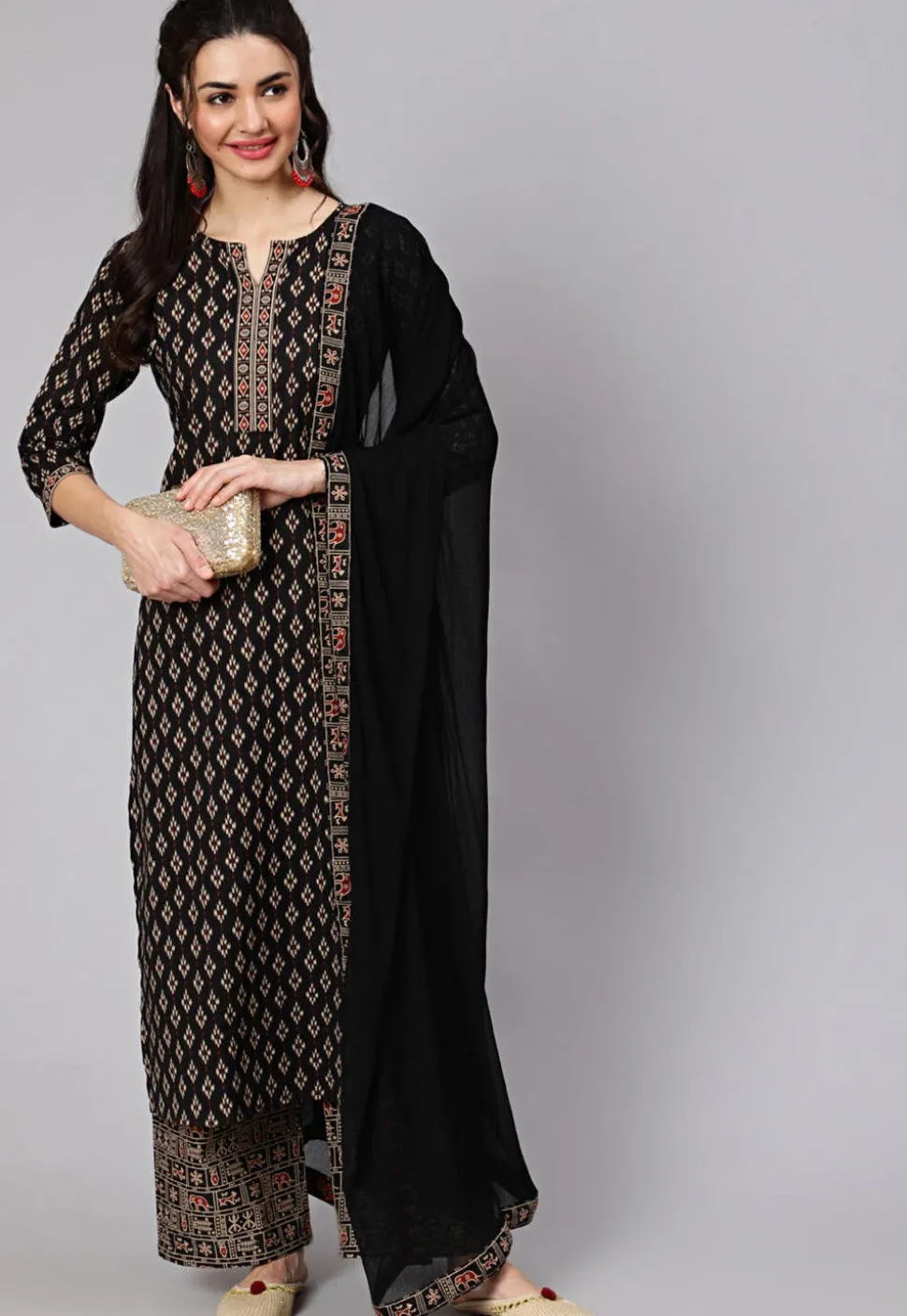 Ikat Printed Cotton Pakistani Suit in Black