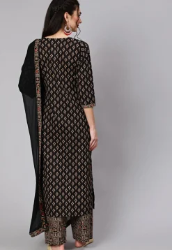 Ikat Printed Cotton Pakistani Suit in Black