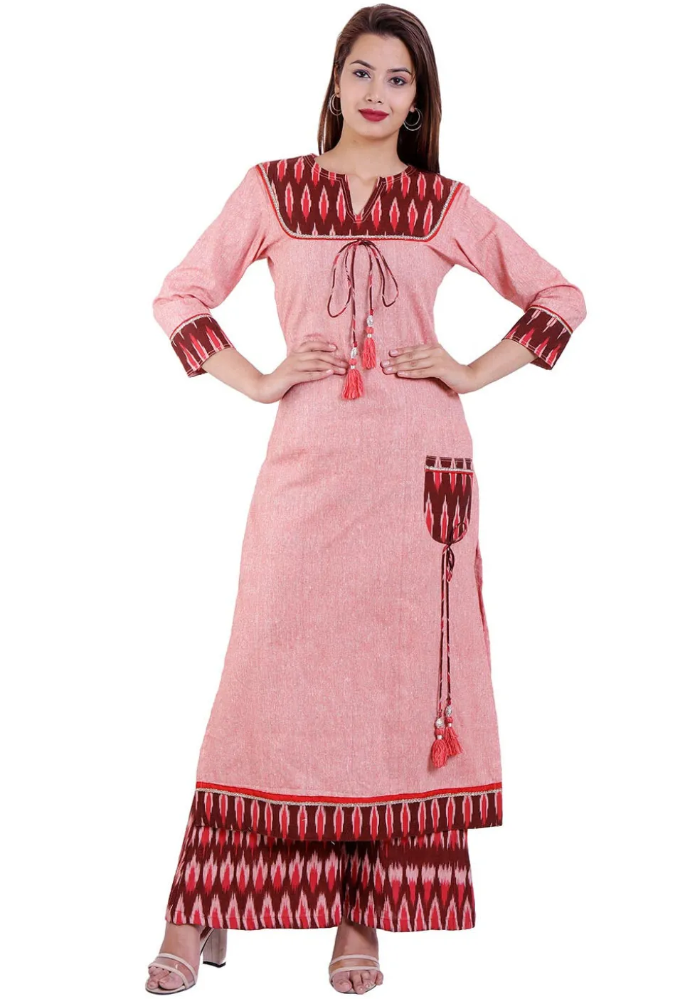 Ikat Printed Cotton Straight Kurta in Pink