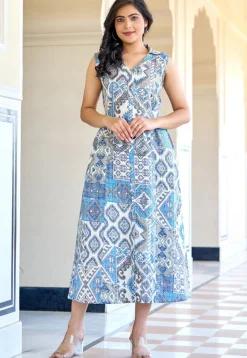 Ikat Printed Pure Cotton Aline Dress in White and Blue