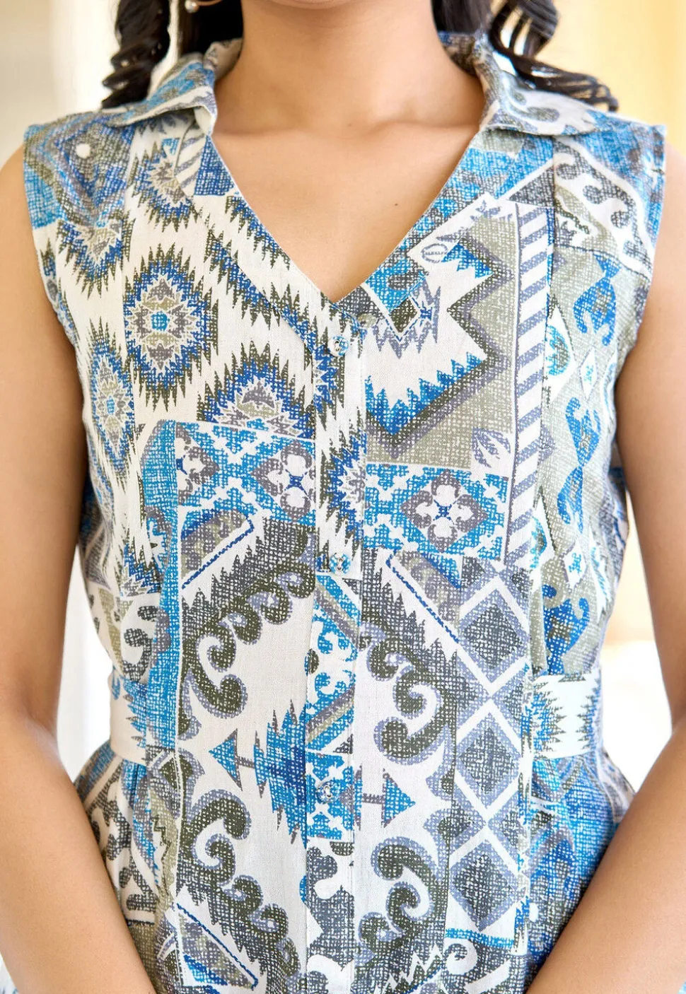 Ikat Printed Pure Cotton Aline Dress in White and Blue
