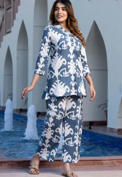 Ikat Printed Pure Cotton Co Ord Set in Dusty Blue