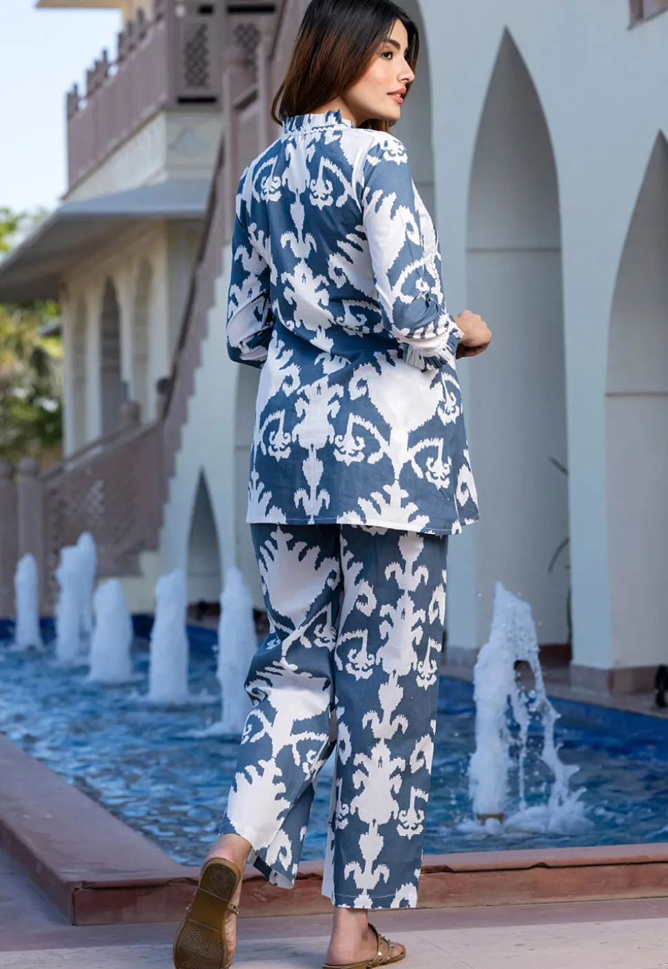 Ikat Printed Pure Cotton Co Ord Set in Dusty Blue