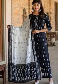 Ikat Printed Pure Cotton Pakistani Suit in Navy Blue
