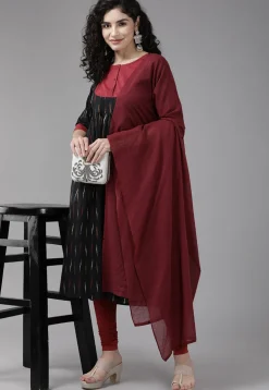 Ikat Printed Pure Cotton Straight Suit in Black