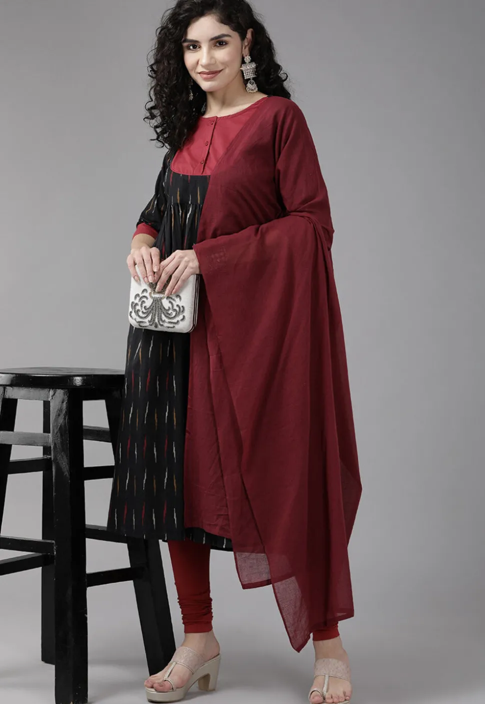 Ikat Printed Pure Cotton Straight Suit in Black