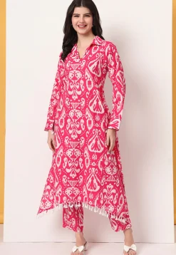Ikat Printed Pure Cotton A Line Kurta Set in Pink