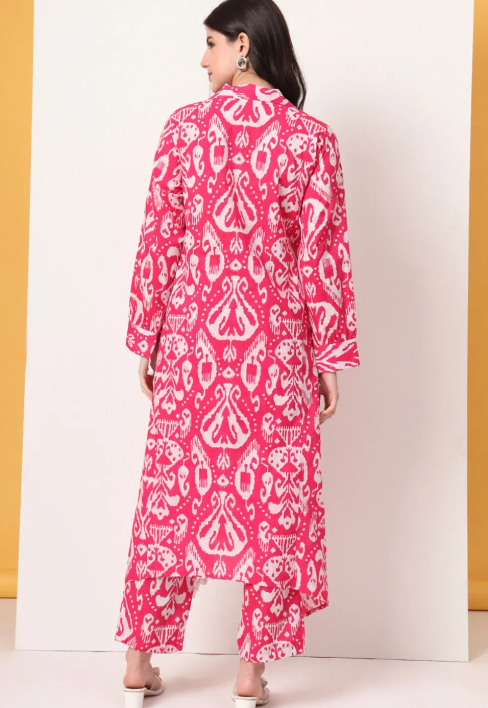 Ikat Printed Pure Cotton A Line Kurta Set in Pink