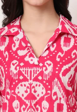 Ikat Printed Pure Cotton A Line Kurta Set in Pink