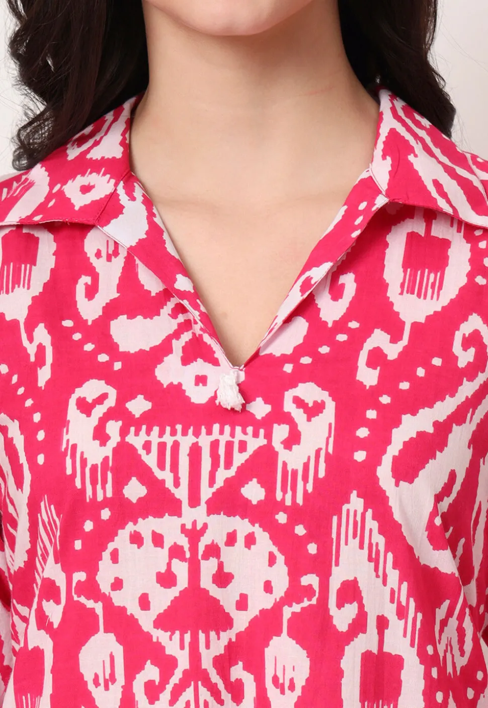 Ikat Printed Pure Cotton A Line Kurta Set in Pink