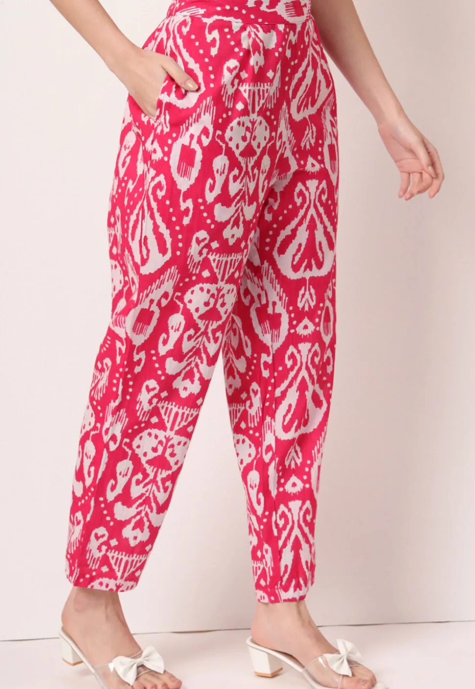 Ikat Printed Pure Cotton A Line Kurta Set in Pink