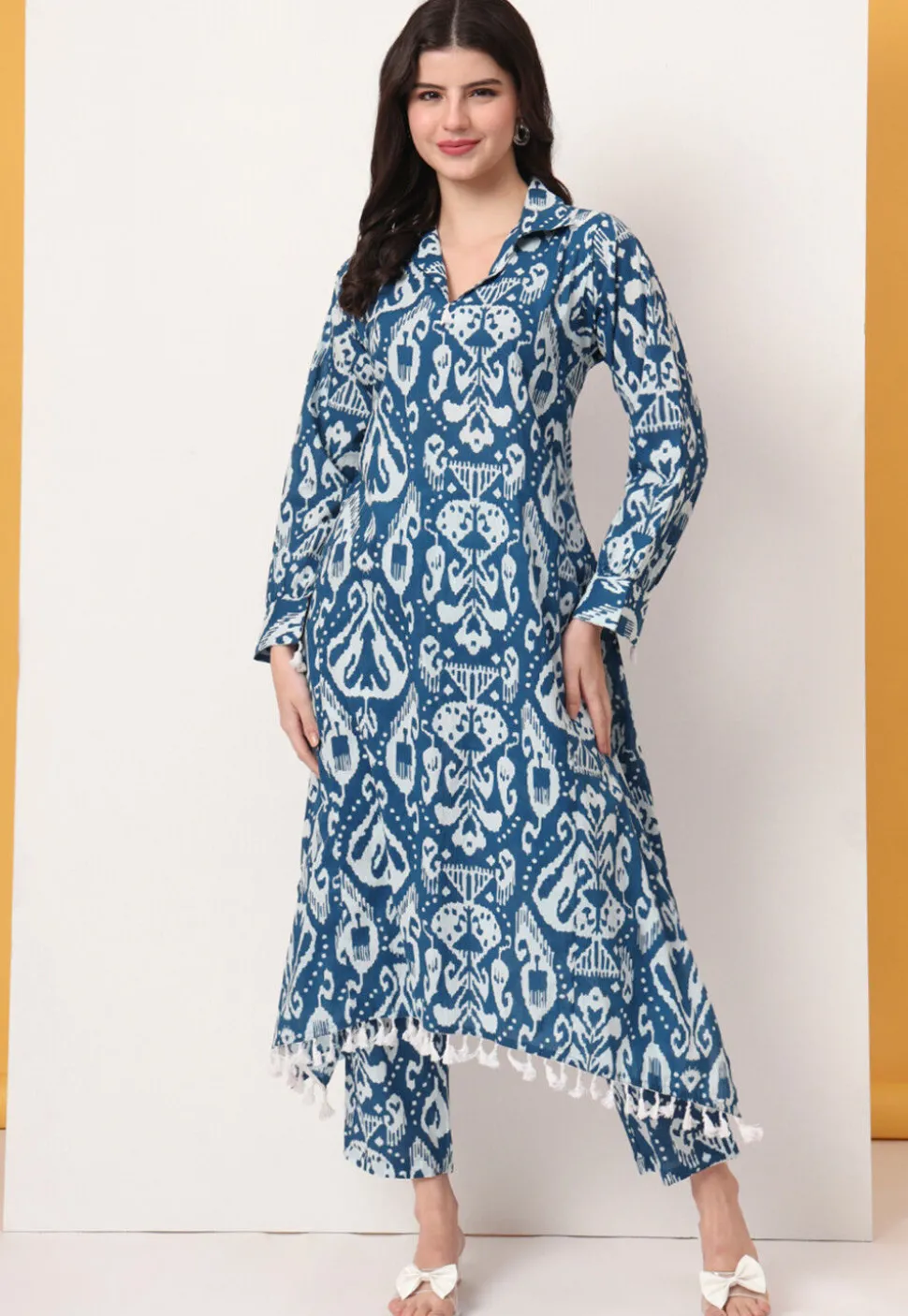 Ikat Printed Pure Cotton A Line Kurta Set in Blue