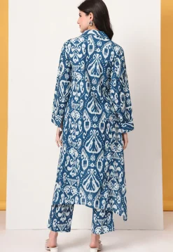 Ikat Printed Pure Cotton A Line Kurta Set in Blue