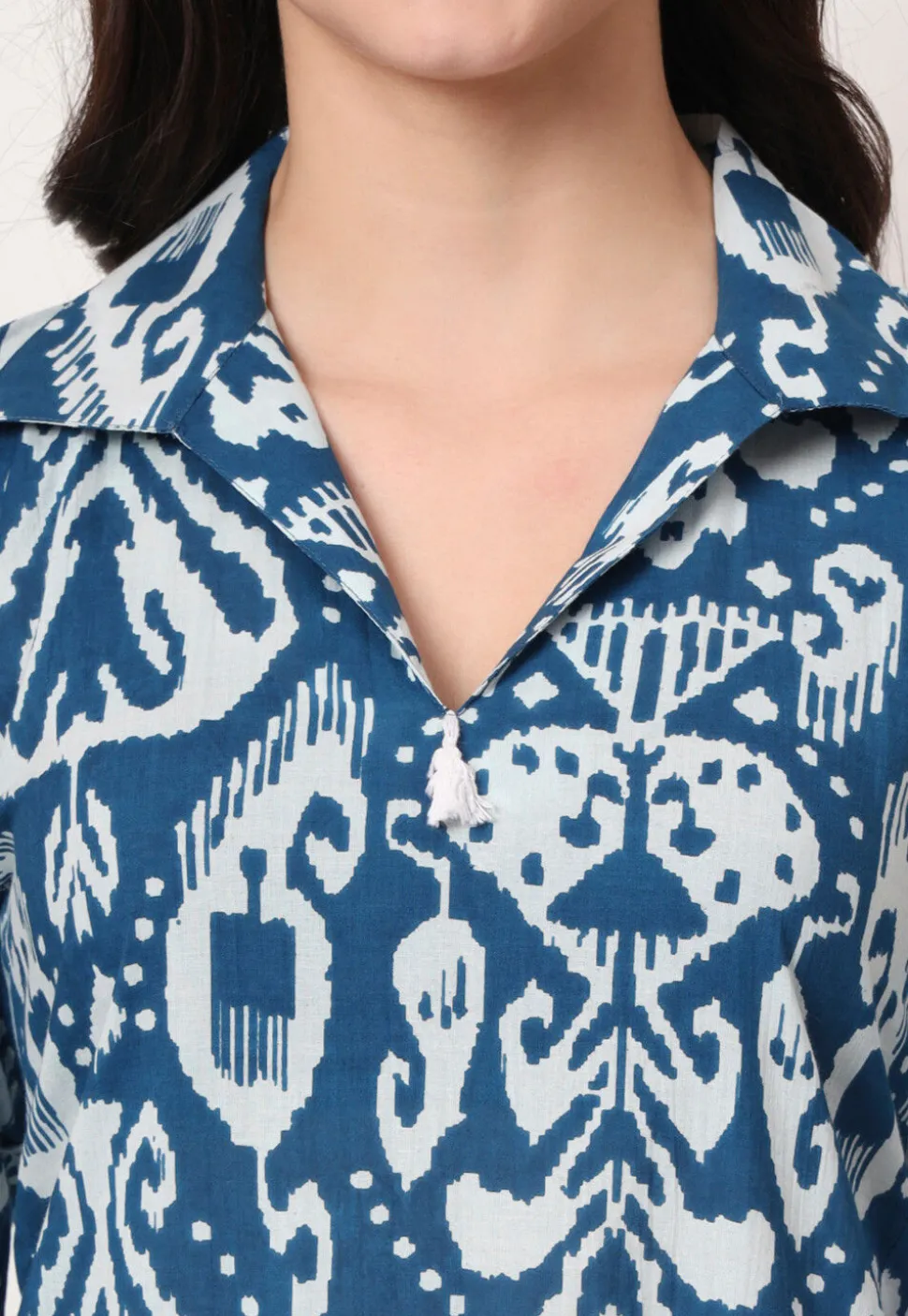 Ikat Printed Pure Cotton A Line Kurta Set in Blue