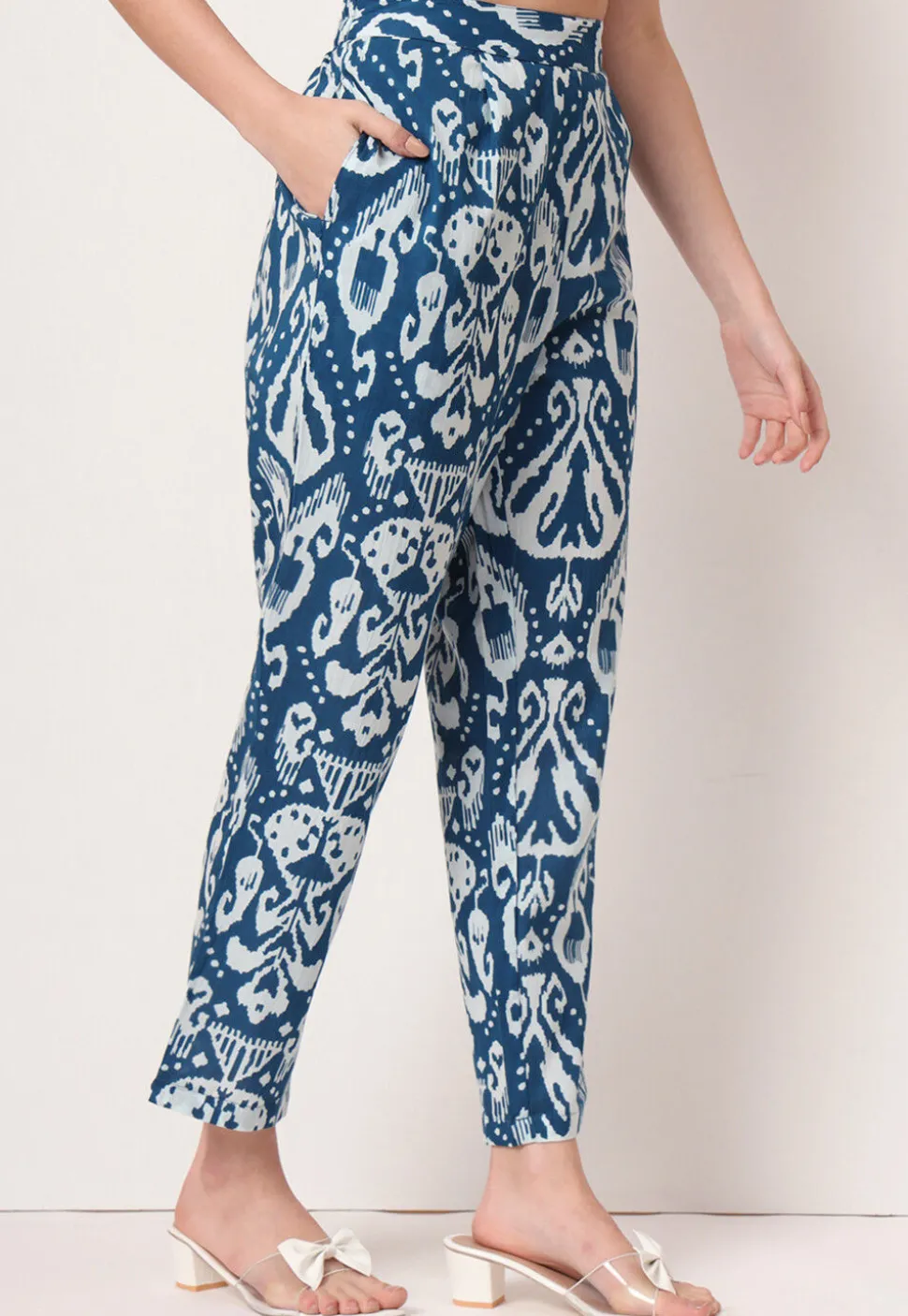 Ikat Printed Pure Cotton A Line Kurta Set in Blue