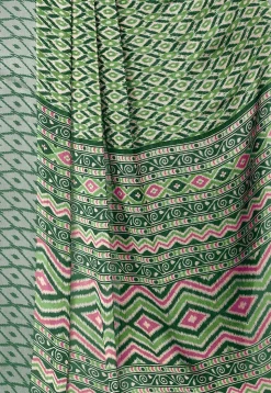 Ikat Printed Satin Chiffon Saree in Green