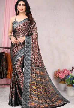 Ikat Printed Satin Chiffon Saree in Grey