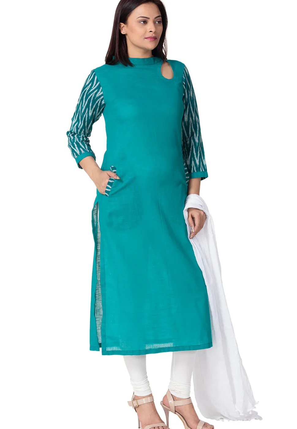 Ikat Printed Sleeve Cotton Slub Straight Suit in Teal Blue