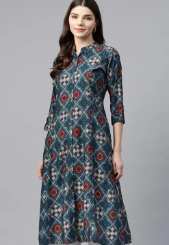 Ikat Printed Viscose Rayon A Line Kurta in Navy Blue