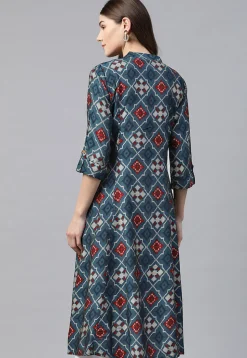 Ikat Printed Viscose Rayon A Line Kurta in Navy Blue
