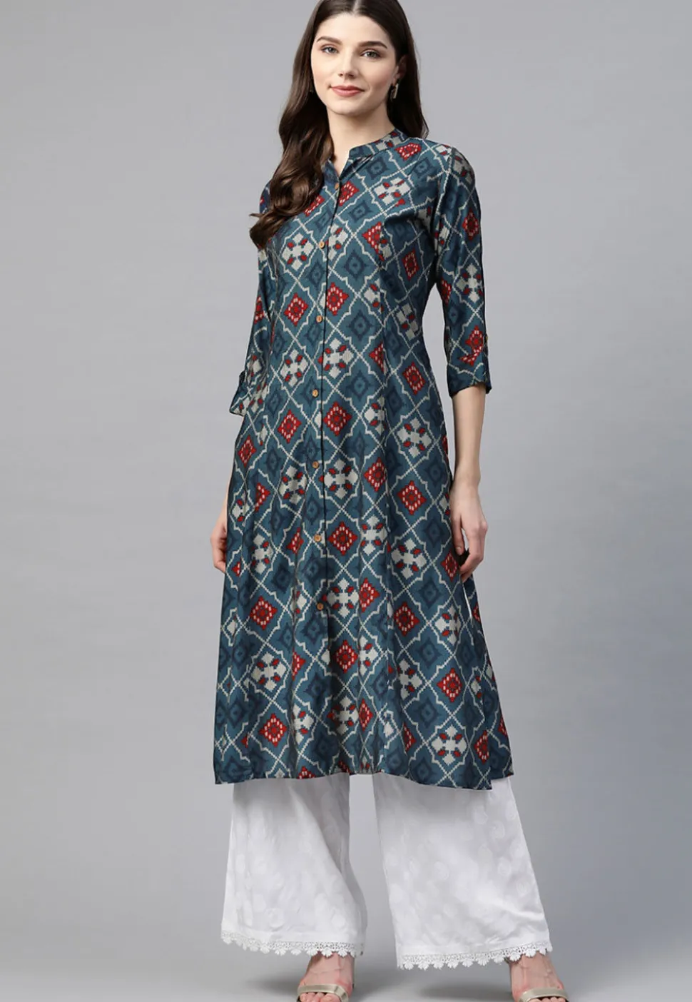 Ikat Printed Viscose Rayon A Line Kurta in Navy Blue