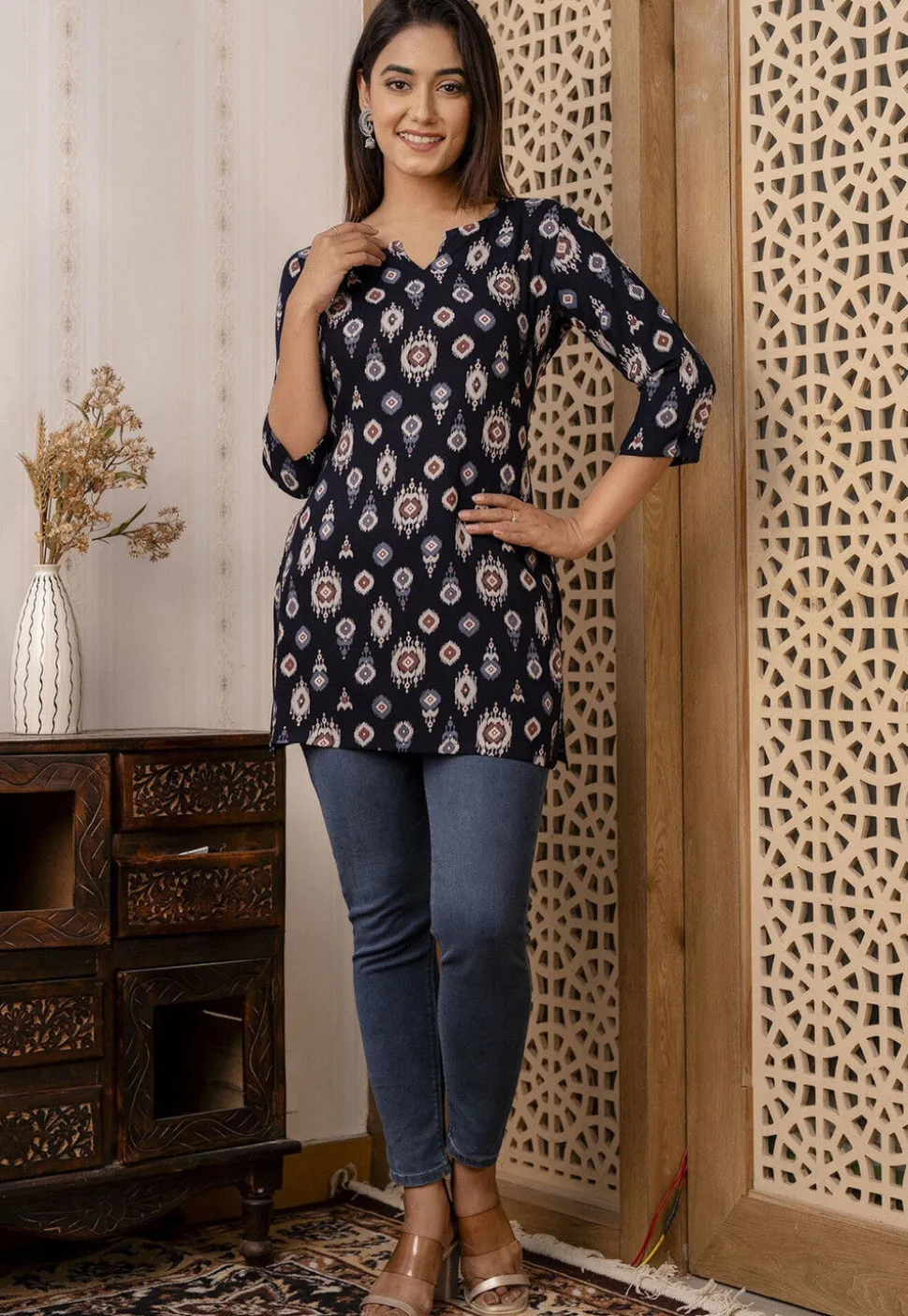 Ikat Printed Viscose Rayon Kurti in Navy Blue