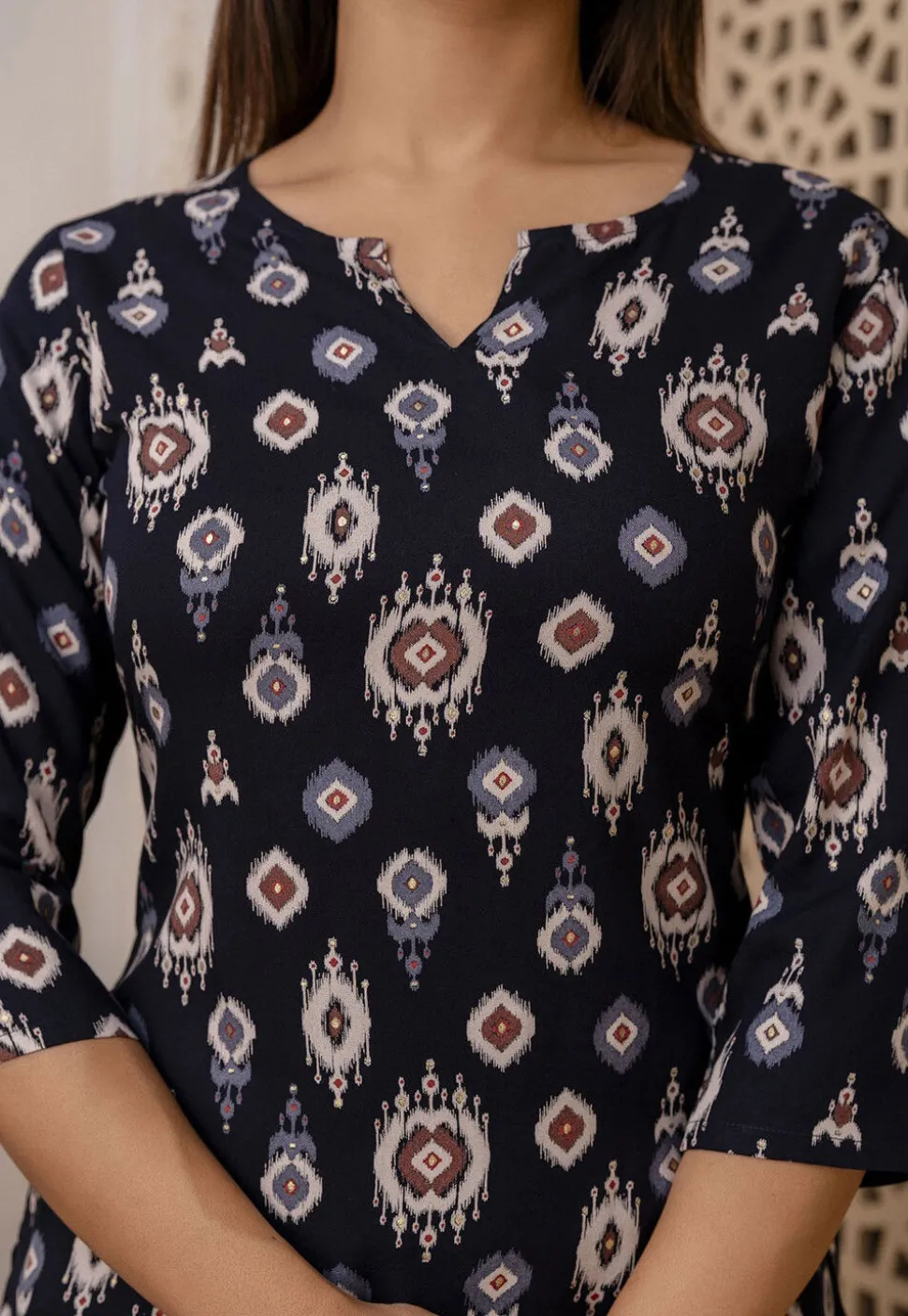 Ikat Printed Viscose Rayon Kurti in Navy Blue