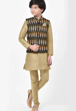 Ikat Woven Art Silk Kurta Jacket Set in Beige