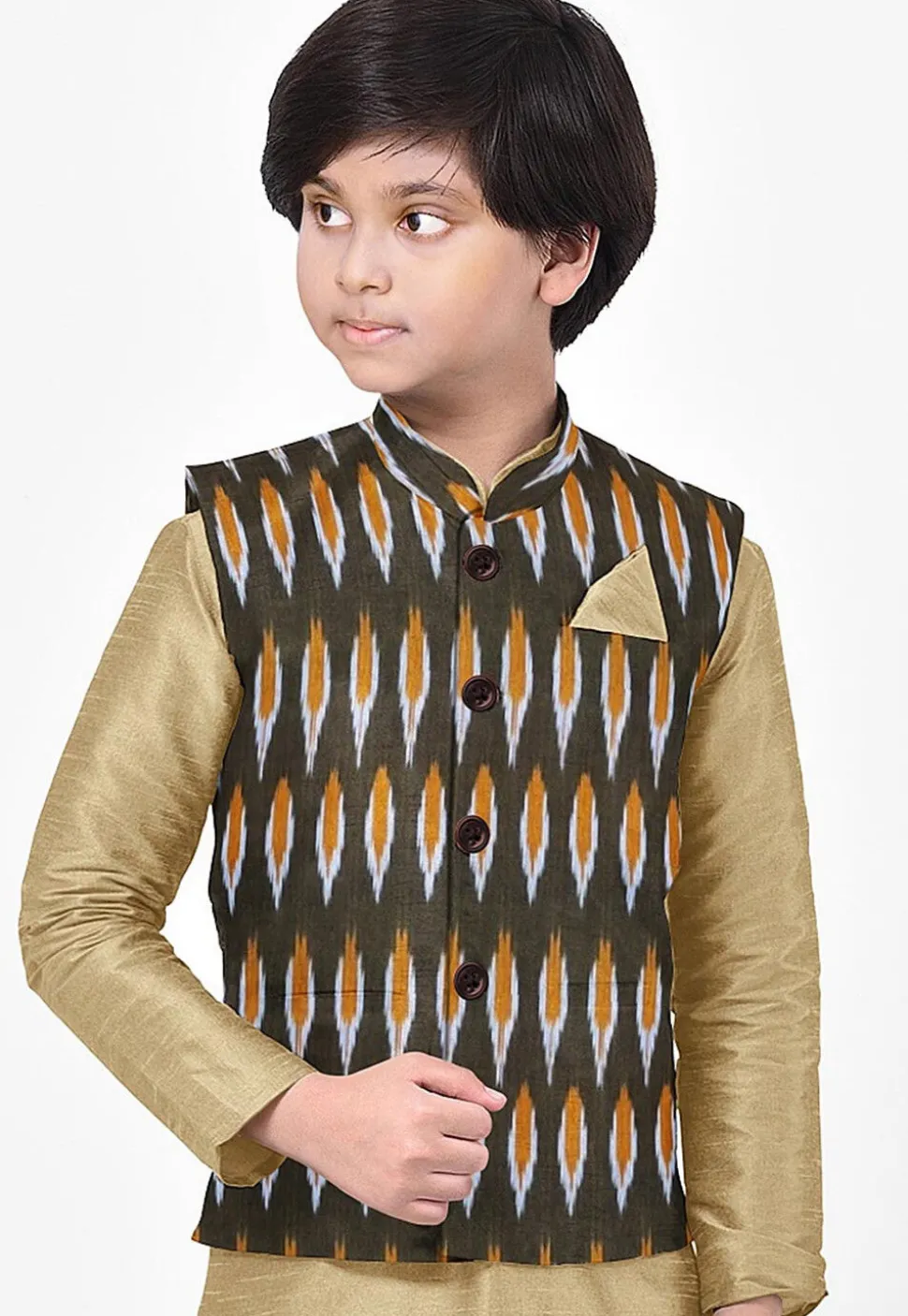 Ikat Woven Art Silk Kurta Jacket Set in Beige