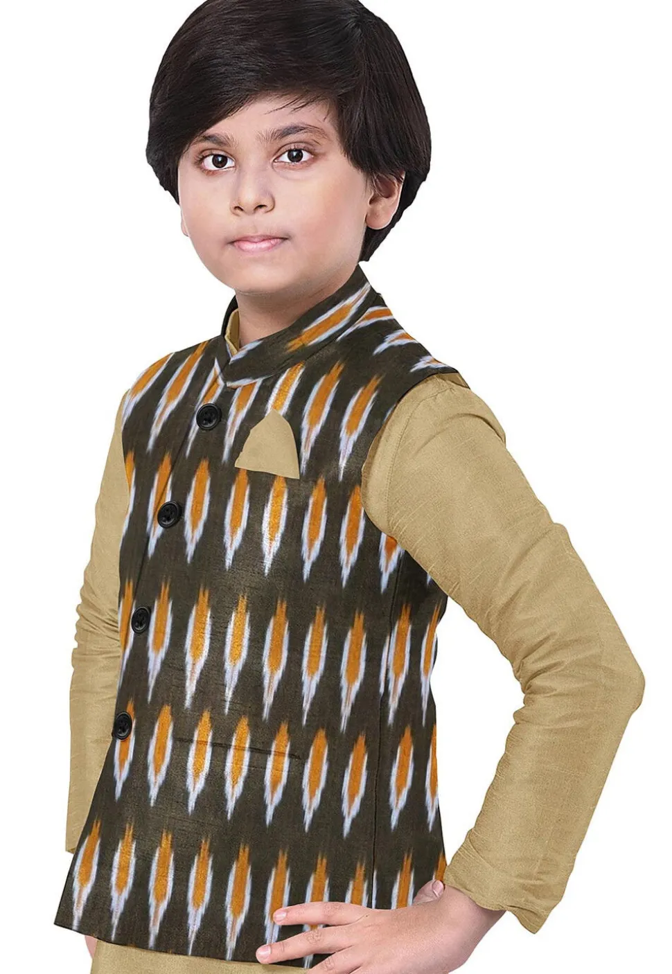 Ikat Woven Art Silk Kurta Jacket Set in Beige