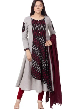 Ikat Woven Cotton A Line Suit in Grey