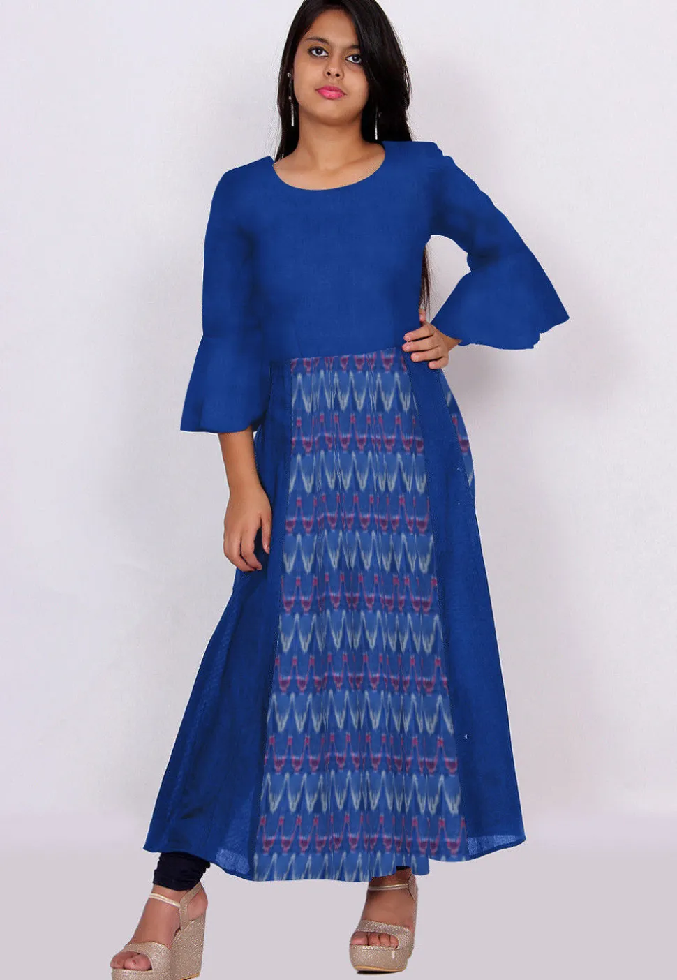 Ikat Woven Cotton Anarkali Kurta in Dark Blue
