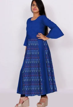 Ikat Woven Cotton Anarkali Kurta in Dark Blue