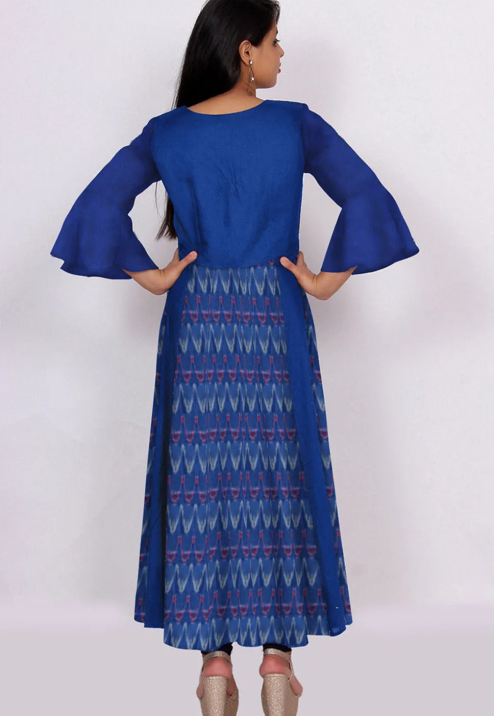 Ikat Woven Cotton Anarkali Kurta in Dark Blue