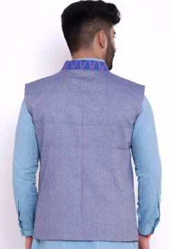 Ikat Woven Cotton Asymmetric Nehru Jacket in Blue