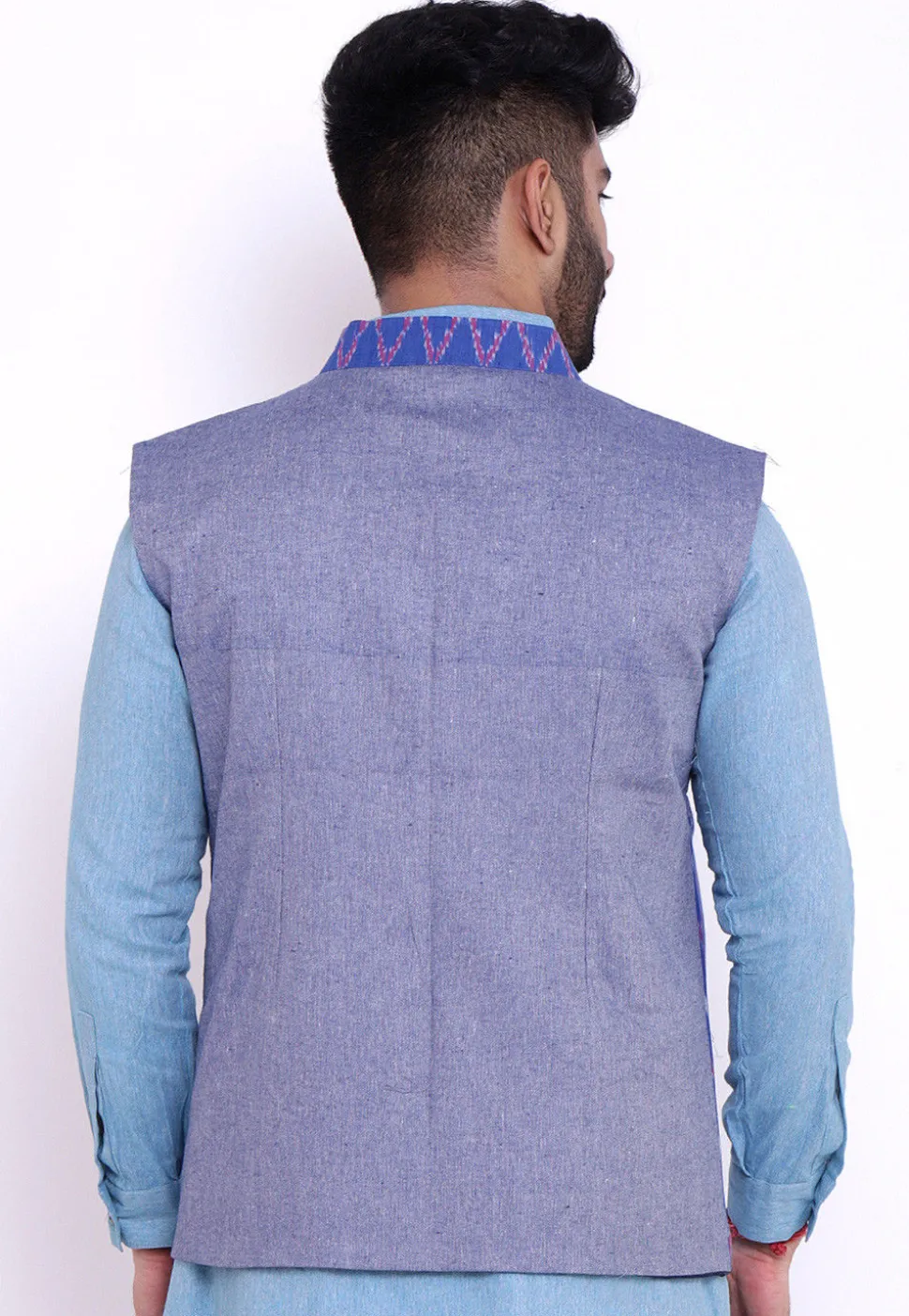 Ikat Woven Cotton Asymmetric Nehru Jacket in Blue