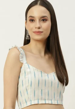 Ikat woven Cotton Frilled Strappy Blouse in Off White