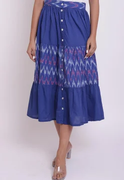 Ikat woven Cotton Front Open Skirt in Blue