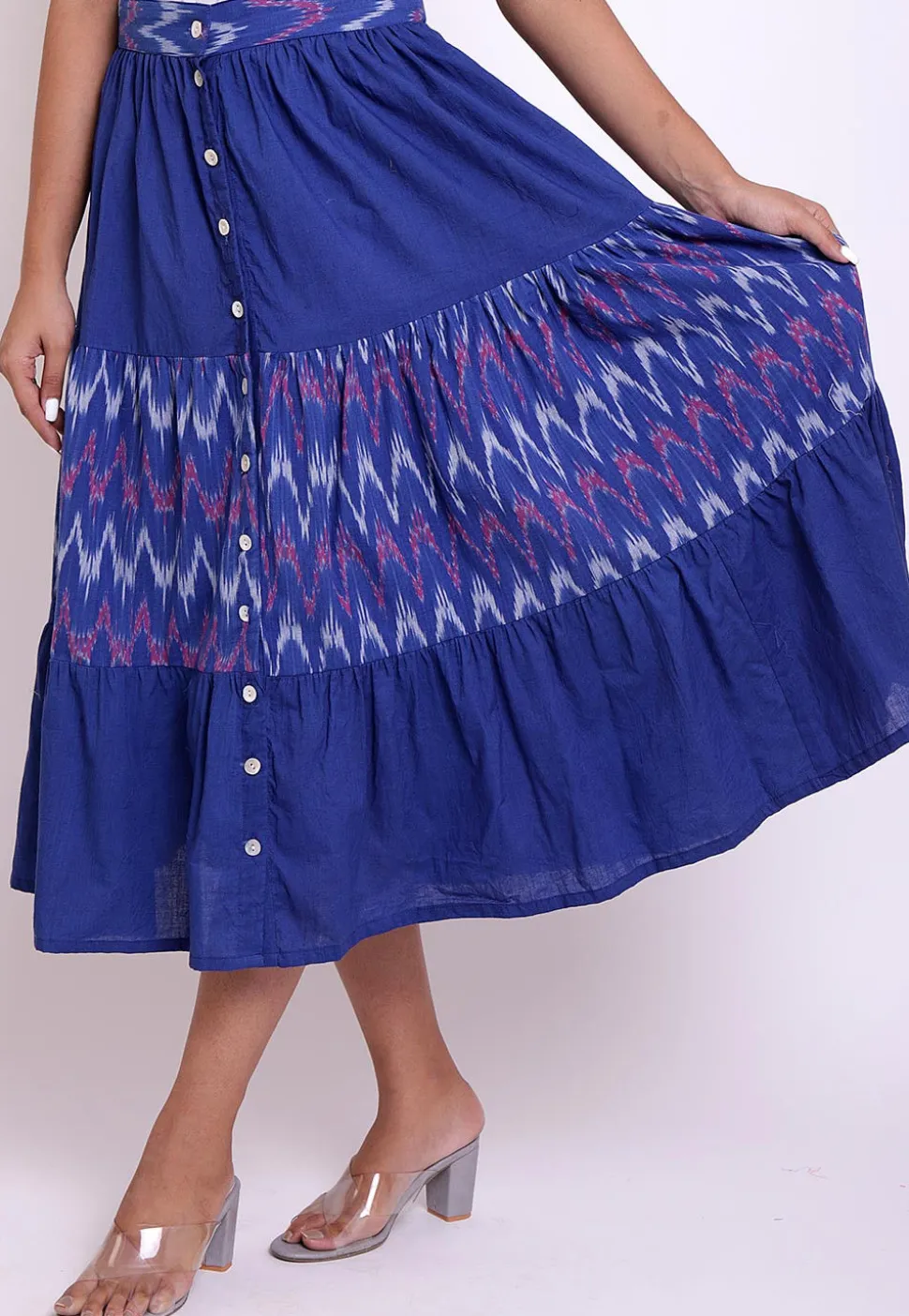 Ikat woven Cotton Front Open Skirt in Blue