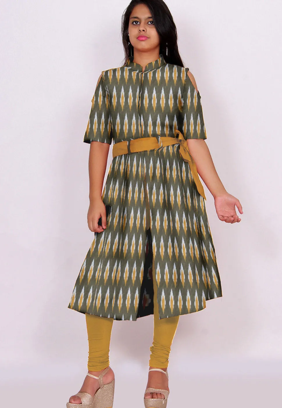 Ikat Woven Cotton Front Slit Kurta in Olive Green