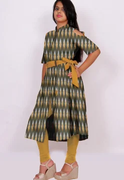 Ikat Woven Cotton Front Slit Kurta Set in Olive Green