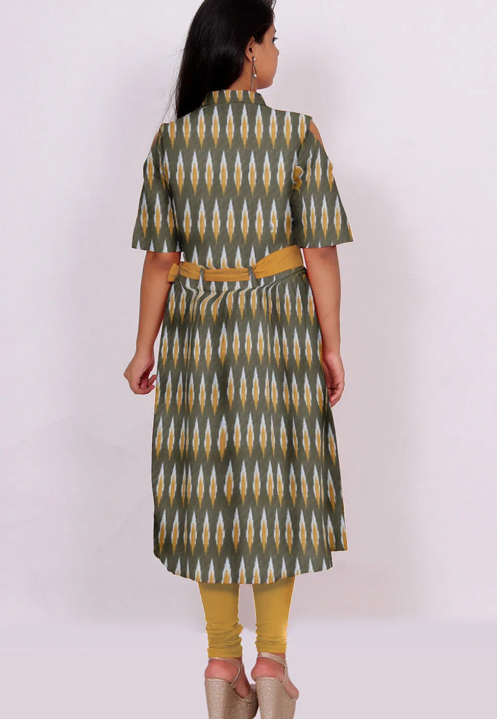 Ikat Woven Cotton Front Slit Kurta Set in Olive Green